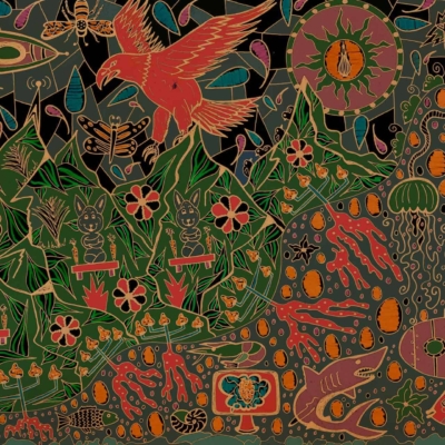 Wallpaper: Intricate illustration with diverse motifs, featuring a red bird, abstract flowers, and meticulously positioned animals. Colorful, detailed, whimsical style with organic and fantastical shapes. Includes celestial and aquatic elements in vibrant hues.