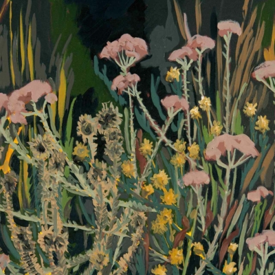 Vibrant wallpaper features exuberant wildflowers with clusters of pink blombos, yellow blossoms, and green leafy stems. Dark green foliage and tall grass create a rich background, highlighting the colorful blooms in the foreground.