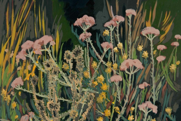 Vibrant wallpaper features exuberant wildflowers with clusters of pink blombos, yellow blossoms, and green leafy stems. Dark green foliage and tall grass create a rich background, highlighting the colorful blooms in the foreground.