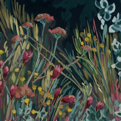 A dense arrangement of wildflowers wallpaper featuring vibrant Pink Everlastings, red, yellow, and white flowers interspersed with green foliage and stems. Darker backdrop tones create contrast and depth, reflecting the essence of Fynbos landscapes. Keywords: wildflowers, Pink Everlastings, red flowers, yellow flowers, white flowers, green foliage, dark background, Fynbos.