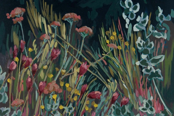 A dense arrangement of wildflowers wallpaper featuring vibrant Pink Everlastings, red, yellow, and white flowers interspersed with green foliage and stems. Darker backdrop tones create contrast and depth, reflecting the essence of Fynbos landscapes. Keywords: wildflowers, Pink Everlastings, red flowers, yellow flowers, white flowers, green foliage, dark background, Fynbos.