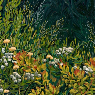The wallpaper displays a detailed painting of a lush, green natural scene. It features wildflowers with white and yellow blossoms interspersed among dense, leafy foliage. The vibrant pattern is enhanced by expressive brushstrokes and vivid colors, evoking the enchanting beauty of a Fynbos landscape. Key elements: lush greenery, wildflowers, white blossoms, yellow blossoms, dense foliage, textured pattern, expressive brushstrokes.