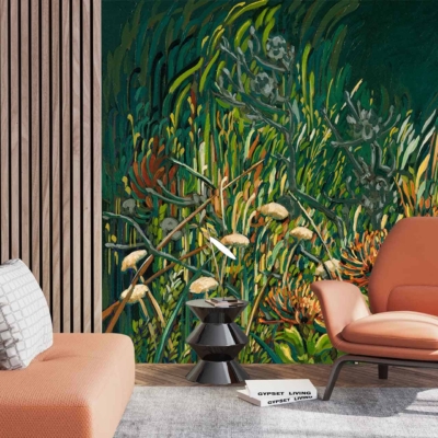 A modern living room with a wooden slat accent wall features an oversized plant mural in green tones. Green plant mural, botanical design, oversized leaf patterns.