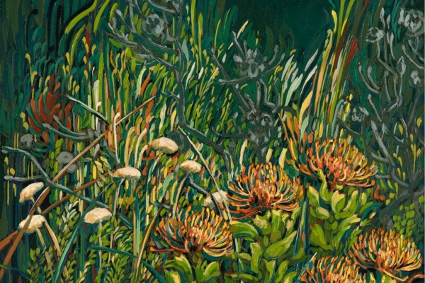 The wallpaper showcases an intricate garden scene with lush, vibrant foliage and colorful flowers. Green hues dominate the background, complemented by bright orange and yellow flowers that pop throughout the design. The composition presents a dense, lively natural beauty reminiscent of Fynbos landscapes. Key elements include various shades of green leaves and stems interspersed with vivid orange and yellow blossoms.