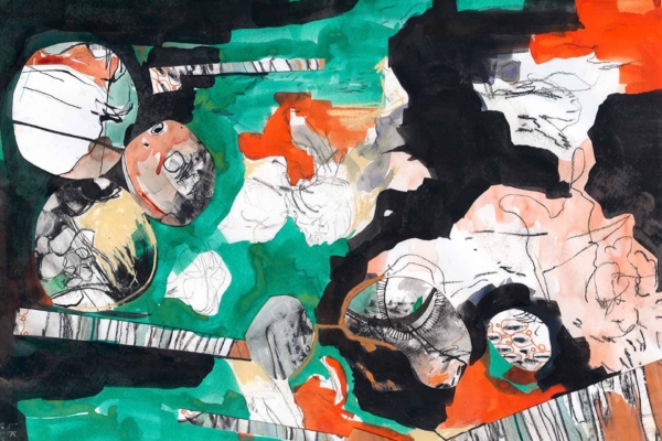 An abstract painting featuring a wallpaper with prominent green, black, orange, and white sections. Circular shapes with intricate linework are scattered throughout. Elongated rectangular forms with striped patterns intersect the composition, adding dynamic elements.