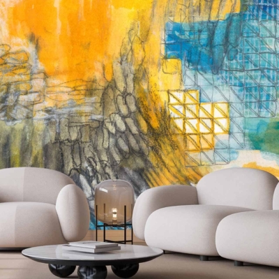 Vibrant abstract wallpaper with urban textures featuring yellow, blue, and grey tones.