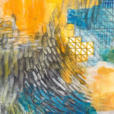 Abstract painting with vibrant yellows, blues, and greens featuring dark, textured brushstrokes. Includes geometric patterns like grid and diamond shapes reminiscent of cityscapes for a dynamic, layered composition. Ideal for wallpaper searches highlighting these elements and colors.