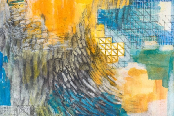 Abstract painting with vibrant yellows, blues, and greens featuring dark, textured brushstrokes. Includes geometric patterns like grid and diamond shapes reminiscent of cityscapes for a dynamic, layered composition. Ideal for wallpaper searches highlighting these elements and colors.