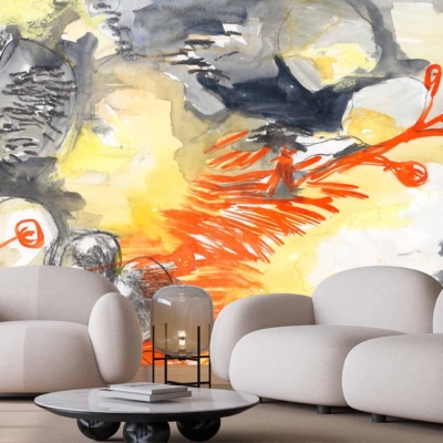 Wallpaper with abstract painting: bold splashes of yellow, black, orange, and grey; evokes a sense of growth.