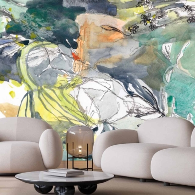 Abstract mural with vibrant colors: shades of blue, green, yellow, and black. Resembles a forest canopy.