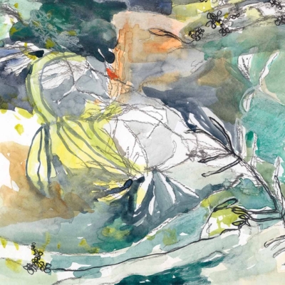 Abstract watercolor painting wallpaper with a mix of greens, blues, yellows, and oranges. Black doodles intertwine with fluid brushstrokes, creating motion and depth like shadows beneath trees. Scattered small, intricate floral patterns.