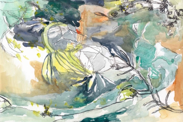 Abstract watercolor painting wallpaper with a mix of greens, blues, yellows, and oranges. Black doodles intertwine with fluid brushstrokes, creating motion and depth like shadows beneath trees. Scattered small, intricate floral patterns.