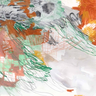 Vibrant abstract wallpaper featuring swirls of orange, green, and gray. Dynamic composition with overlapping lines and shapes. Light and dark contrasts add depth, evoking movement and energy. Perfect for a lively atmosphere with artistic flair.