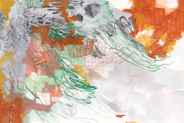 Vibrant abstract wallpaper featuring swirls of orange, green, and gray. Dynamic composition with overlapping lines and shapes. Light and dark contrasts add depth, evoking movement and energy. Perfect for a lively atmosphere with artistic flair.