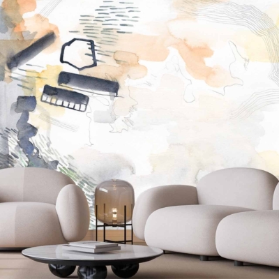 Abstract wall mural, shades of orange, gray, black brushstrokes, evocative design.