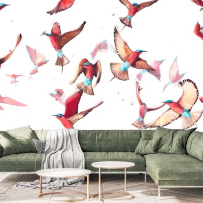 The wallpaper features vibrant, colorful bird illustrations in various flying positions, resembling an energetic carmine dance. The dynamic and lively backdrop displays a spectrum of hues including red, blue, yellow, green, and orange. Birds are depicted in mid-flight with intricate detailing, enhancing the feeling of movement and energy.