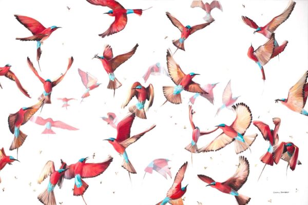 A vibrant wallpaper features numerous red and blue birds mid-flight against a white background. Their wings are spread wide, revealing intricate feather patterns and dynamic poses. The scene exudes lively motion, reminiscent of a Carmine Dance. Key elements: red birds, blue birds, detailed feathers, white background, dynamic motion.