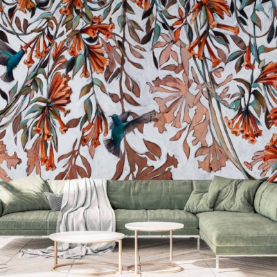 Vibrant wall mural with orange flowers, green leaves, and hummingbirds in flight.