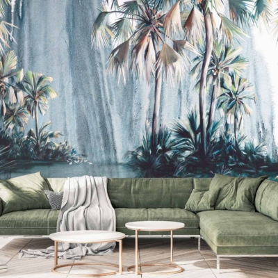 Lush tropical palms, foliage, serene blue hues backdrop, decorative birds.