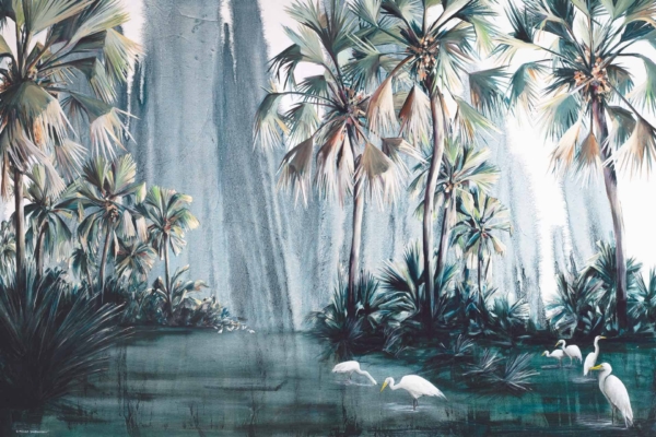 Serene tropical wallpaper features lush green palm trees, calm water, wading egrets, misty background with abstract gradient elements for a dreamy, ethereal landscape.