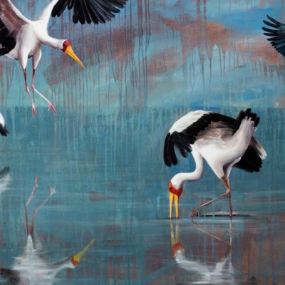 Wallpaper: Vibrant storks in serene wetland. Long legs, red bills. Flying storks, wading in shallow water with reflections. Background: reflecting blue hue, earthy tones.