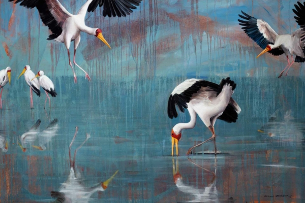 Wallpaper: Vibrant storks in serene wetland. Long legs, red bills. Flying storks, wading in shallow water with reflections. Background: reflecting blue hue, earthy tones.