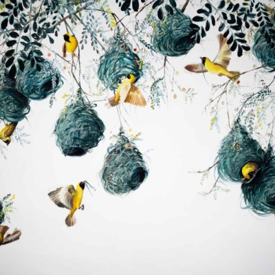 A serene wallpaper features yellow birds interacting with teal nests suspended from leafy branches. Birds are perched in nests, flying, or on branches, creating a harmonious nature scene. Key colors: yellow birds, teal nests, green leafy branches.