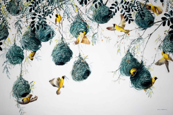 A serene wallpaper features yellow birds interacting with teal nests suspended from leafy branches. Birds are perched in nests, flying, or on branches, creating a harmonious nature scene. Key colors: yellow birds, teal nests, green leafy branches.