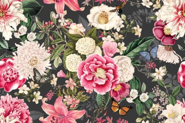 A vibrant floral wallpaper featuring pink, white, and red flowers interspersed with green leaves and branches on a dark background. Butterflies and bees are scattered among the blossoms, adding a dynamic touch to the lush garden scene.