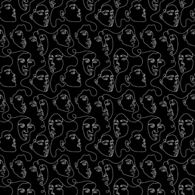 An abstract, seamless pattern features continuous white line drawings of faces with diverse expressions and orientations on a black background. This modern and artistic design creates an intriguing visual tapestry titled