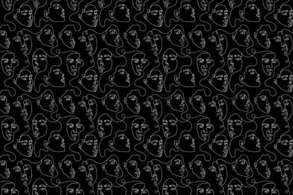 An abstract, seamless pattern features continuous white line drawings of faces with diverse expressions and orientations on a black background. This modern and artistic design creates an intriguing visual tapestry titled "A Thousand Faces." Key elements include white outlines, varied facial expressions, and a striking black backdrop.