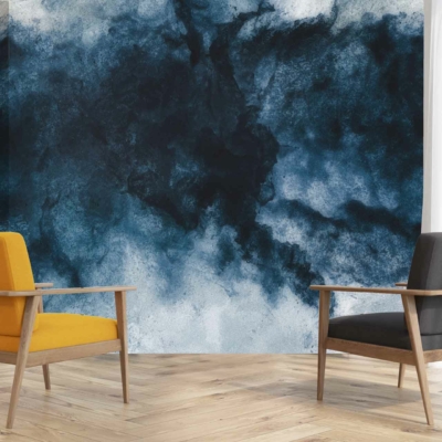 A modern room with dark blue and white cloudy-patterned wallpaper. The wallpaper features rich, deep **dark blue** hues intertwined with soft, airy **white** clouds, creating a serene and dynamic backdrop.