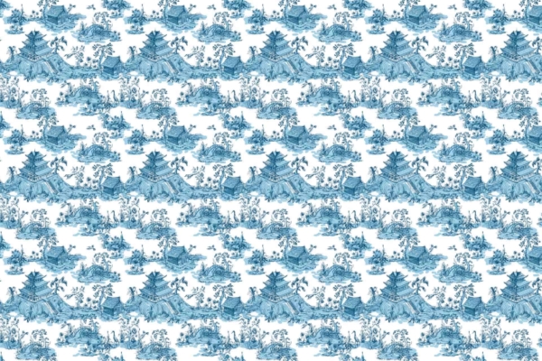 Introducing a detailed **blue and white toile wallpaper** pattern adorned with traditional **Asian landscapes**. This intricate design features:

- Ancient hills
- Pagodas
- Bridges
- Mountains
- Trees

Figures are depicted engaging in various activities, all thoughtfully illustrated in a repeating motif. The primary colors are deep **blue** and crisp **white**, evoking classic elegance and timeless beauty. Perfect for adding a sophisticated touch to any room. Ideal for those searching for Asian-inspired, traditional toile patterns with exquisite detail.