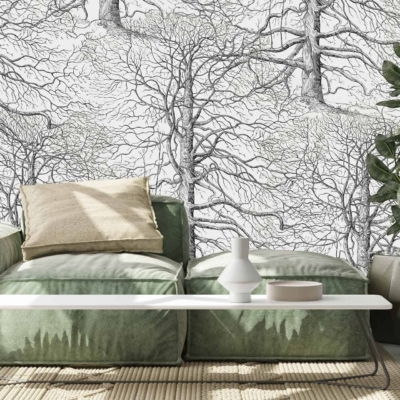 Ancient black and white tree pattern wallpaper: features intricately detailed trees, monochromatic branches, timeless design elements.