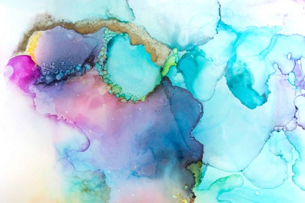 A vibrant abstract watercolor wallpaper featuring swirls and blobs of blues, purples, greens, and pinks blending together. The fluid, overlapping shapes create a serene and dynamic composition with varying textures and color intensities. Lively hues burst across the canvas in a harmonious dance of colors.