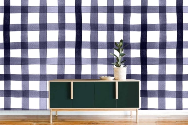 The wallpaper features a large navy blue and white gingham pattern.