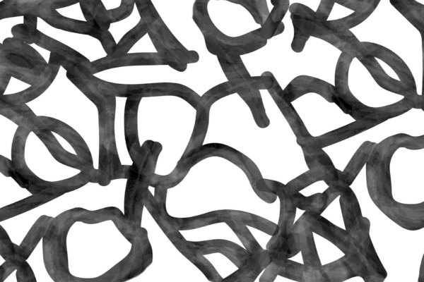Abstract digital drawing with overlapping, freeform black lines and shapes on a white background. The lines vary in thickness and transparency, creating a layered and slightly chaotic pattern. Key elements include black lines, varying line thickness, transparent layers, freeform shapes, white background.