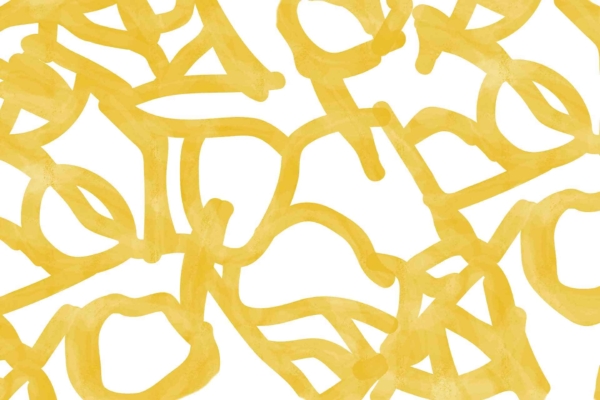 Abstract digital artwork featuring intricate, looping interwoven semi-transparent yellow lines against a white background. Pattern includes repetitive circular and triangular shapes, evoking Mr Manhattan Mojo's enigmatic style. Key elements: yellow lines, white background, abstract loops, circular and triangular shapes.