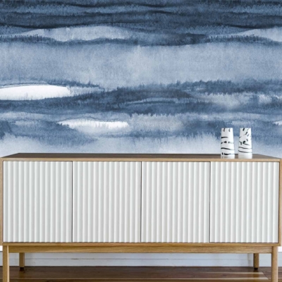 Wallpaper: Abstract blue and white watercolor design, resembling ethereal Sky Dance. Features soft, flowing movements with various shades of blue and hints of white, creating a tranquil and dreamy atmosphere.