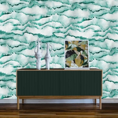 The wallpaper features a wavy green and white pattern, reminiscent of Mrs. Dancing Under the Stars. The design incorporates fluid, undulating lines that interlace green and white shades.