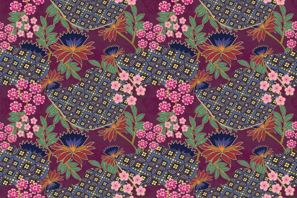Intricate floral pattern with vivid colors on dark purple. Highlights: large, colorful flowers; varying shapes; smaller blossoms; green leaves interspersed. Vibrant, batik-like tapestry appearance.