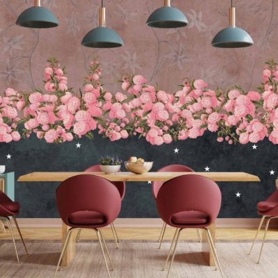 Floral mural features pink blossoms and leafy branches, reminiscent of a bed of roses.