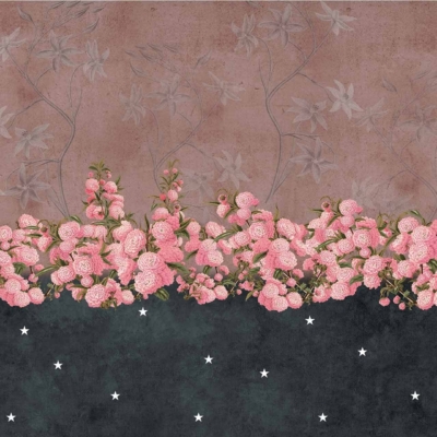 Floral-themed wall mural: bed of roses, border of pink blooms and green leaves. Upper section: brown background, subtle leaf patterns. Lower section: dark with scattered white stars.