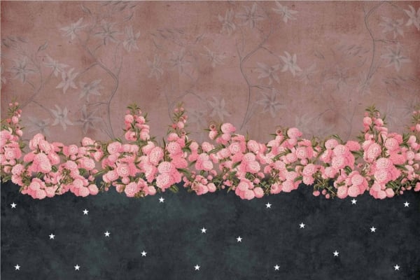 Floral-themed wall mural: bed of roses, border of pink blooms and green leaves. Upper section: brown background, subtle leaf patterns. Lower section: dark with scattered white stars.