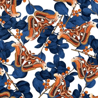 Symmetrical and seamless wallpaper design featuring:
- Intricately detailed moths with brown and orange wings
- Dark blue leafy branches
- Clusters of small, orange berries
- White background