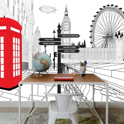 Wall mural: Iconic London landmarks in black and white sketch style. Vivid red phone booth in left foreground. Features Big Ben's clock tower, London Eye, street signs.