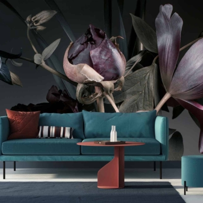 The wallpaper in the modern living room features a large, dark floral mural with intricate purple and black flowers.