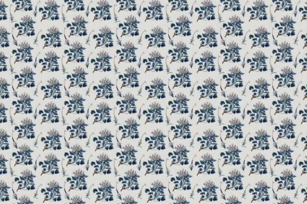Intricate, blue florals and foliage on a light background, inspired by Blue Danube design. Detailed flowers and assorted leaf shapes, arranged in a consistent grid pattern. Elements: floral motifs, various leaf shapes. Colors: shades of blue on light background.
