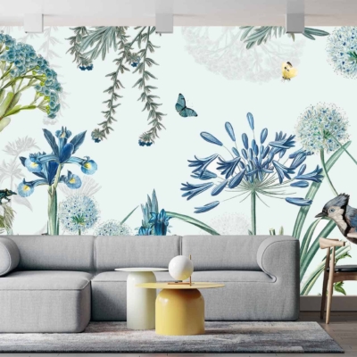 Large mural featuring colorful flowers, butterflies, Blue Birds in shades of blue and green