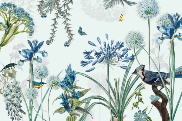 A vibrant nature scene wallpaper features an array of blue and green plants and flowers. Agapanthus with its spherical clusters of azure blooms, and elegant irises in shades of deep blue punctuate the landscape. Lush green foliage frames the setting, adding a rich contrast.
Among the verdant leaves, a striking blue jay sits on a branch, cartoonishly stating "Blue Bird Says." Accompanying this avian spectacle is a cheerful yellow bird. In the background, ethereal hues are added by a delicate blue butterfly and its sunny yellow counterpart fluttering gracefully.
This serene wallpaper design expertly combines cool blues and vibrant yellows against lush greens to create an enchanting natural tableau.